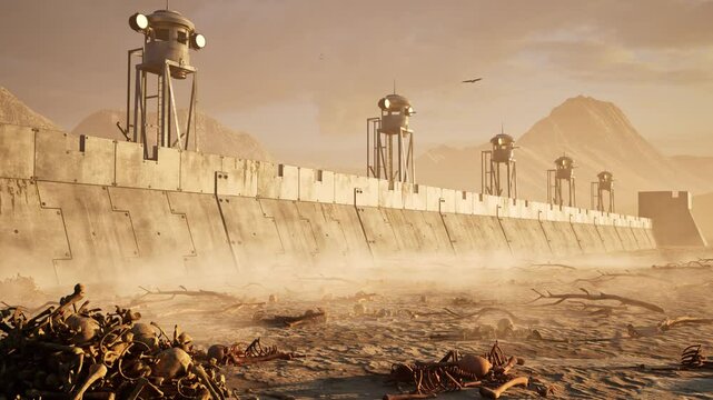 Dystopian post apocalyptic scenery in a desert arid environment with rusted metal walls, bones scattered, flying birds, rocks, sand, and dust particles 3D animation, camera static