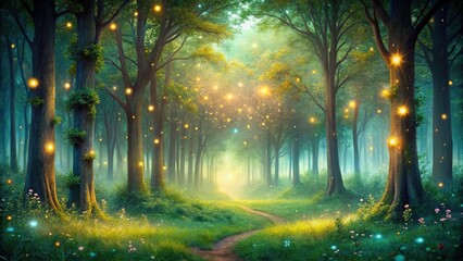A whimsical fairy-tale forest with tall trees and a carpet of sparkling fireflies, forest, sparkles, magic