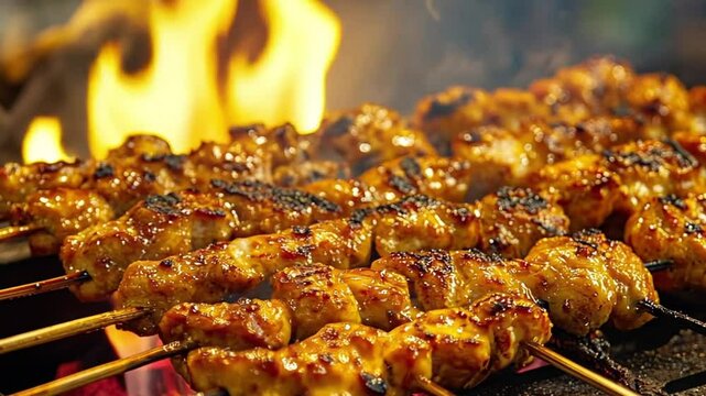 grilling satay, Grilled satay street food footage, Delicious grilled satay food with smoke, Delicious grilled satay with a smoked look, footage, 4k footage, videos, video clip, slow motion