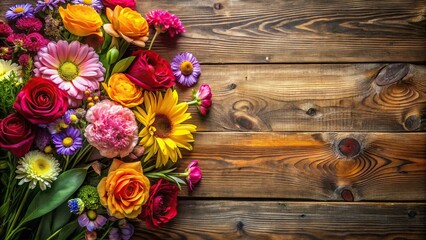 Beautifully arranged flowers with a rustic wooden background, earthy, wooden, natural