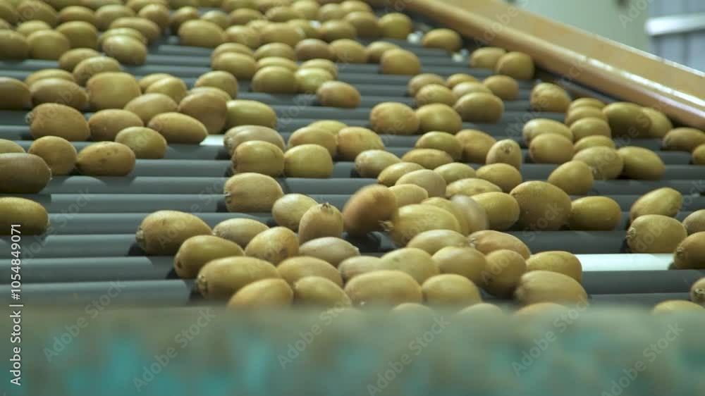 Poster kiwi fruits rolling on a conveyor belt inside a processing factory in shaanxi province, china, showc