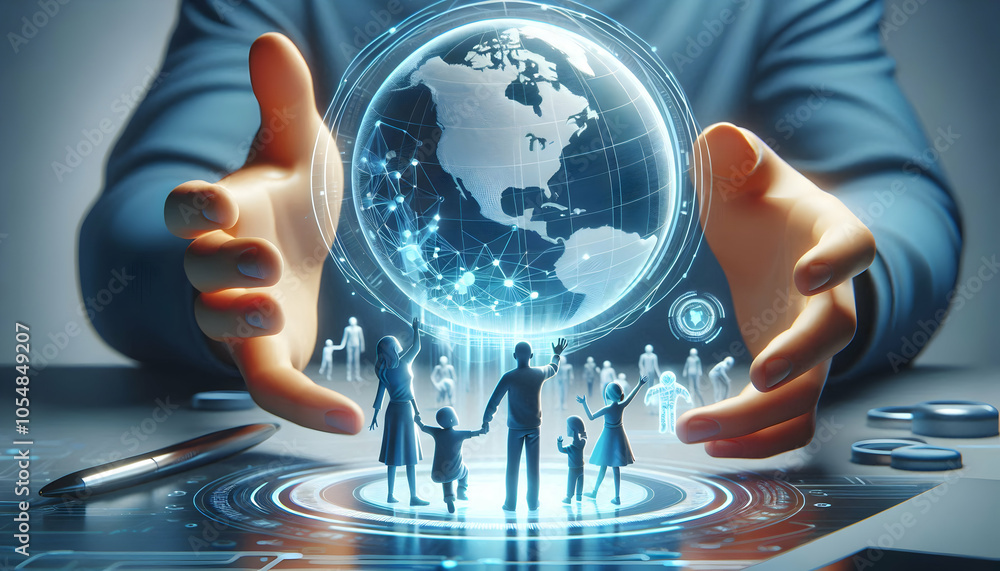 Aufkleber 3d close up family hands reaching holographic globe futuristic table technology unity global connect