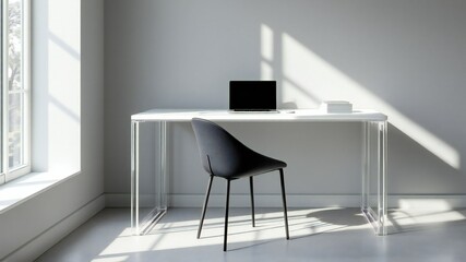 The image shows a modern workspace with a glass desk and a black laptop. The sunlight coming through the window casts shadows on the desk..jpg