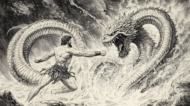 Hercules fighting lernaean hydra drawing. Hydra in Combat. Illustration