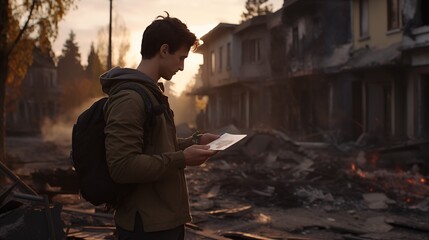 Fototapeta premium A reporter navigating through a destroyed neighborhood carefully documenting the impact of the war.Generative ai illustration