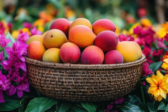 Vibrant basket of haden mangoes with reddish blush surrounded by colorful flowers