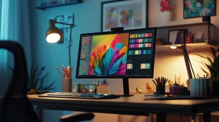 Computer Monitor with Colorful Abstract Art on Screen
