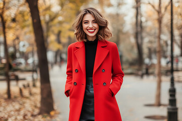 Fashionable young woman posing in a trendy red coat during a photoshoot in a park