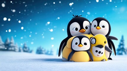 Cute Cartoon Penguins in Winter Wonderland Scene