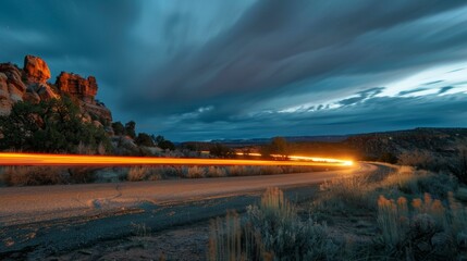 Twisting light trails dancing through rugged rocky mountains