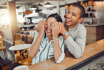 Date, funny and surprise with couple in coffee shop together for bonding, relationship or romance....