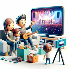 3D Family Online Concert Experience Unity Bonding Technology Living Room Big Screen Candid Image Enjoyment Moments Shared Experiences Digital Connection Family Togetherness