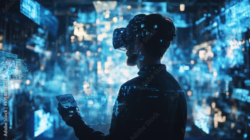 Poster interactive vr scene vector, showing a man using vr technology, surrounded by digital graphics