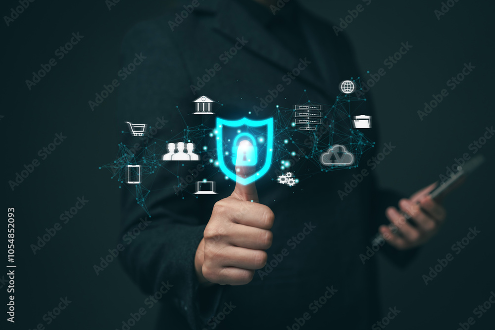 Poster businesswoman locking sensitive financial data for cyber security protection. cyber security concept