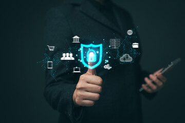 Businesswoman locking sensitive financial data for cyber security protection. cyber security concept User Privacy Security and Encryption Future technology and cybernetics lock screen key.