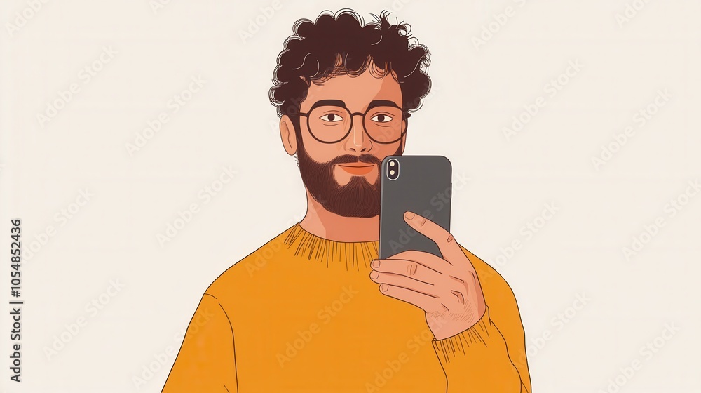 Poster man holding a smartphone, using face id to unlock, flat vector style with clean lines