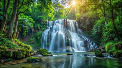 Obraz premium Waterfall in a serene forest during morning sunlight