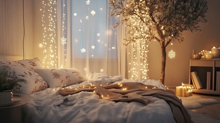 A luxurious bedroom featuring a tree in the corner, soft bedding with holiday motifs, and twinkling fairy lights.