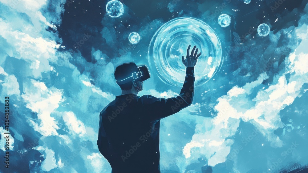 Poster man in virtual reality illustration, exploring a digital world, engaging with floating objects, vect