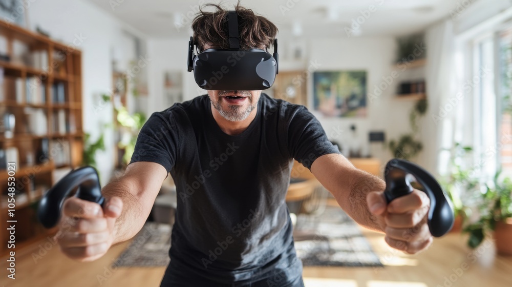 Poster man in virtual reality, using vr headset and controllers, exploring digital space
