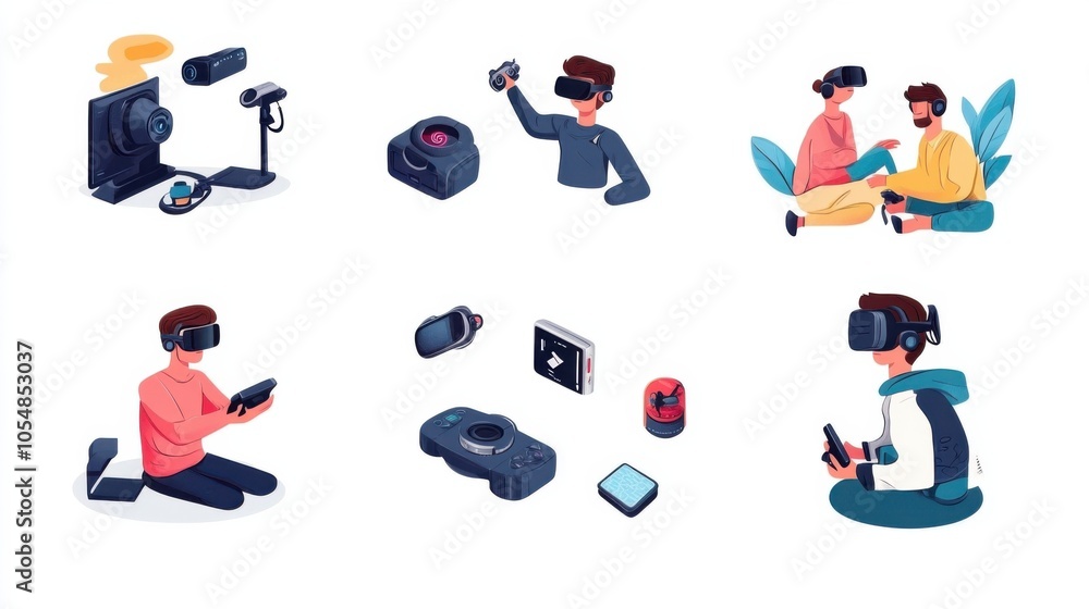 Poster man interacting with virtual reality objects, with vr headset and controllers, flat cartoon style