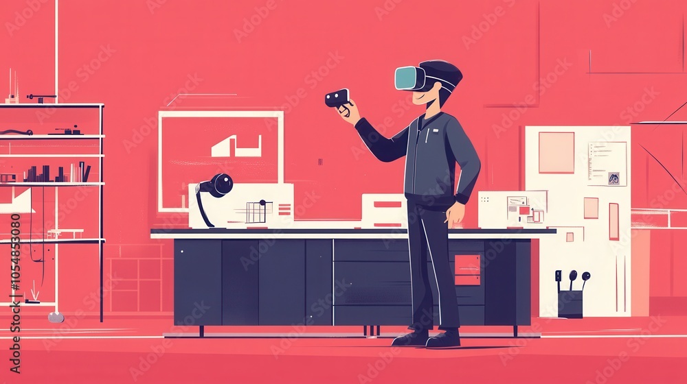 Poster man interacting with virtual reality objects, with vr headset and controllers, flat cartoon style