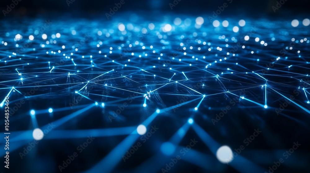 Poster futuristic high-tech 3d render with blue background and network lines illustrating advanced connecti