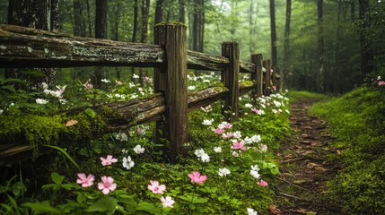 A weathered wooden fence made of poles, placed in the middle of a vibrant green meadow with soft wildflowers, offering a rustic, natural view