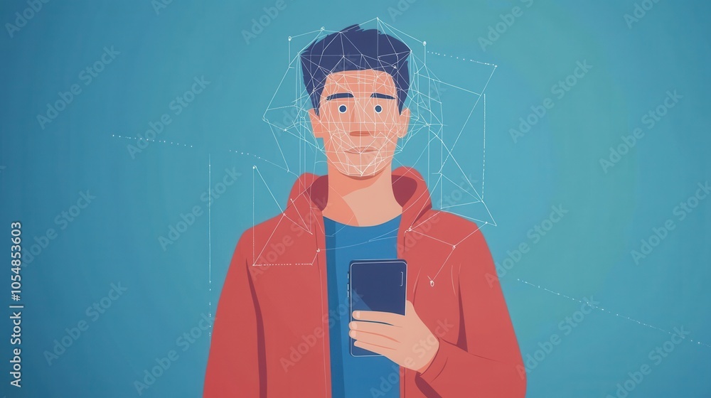 Poster man using facial recognition, standing and holding a phone, flat vector style