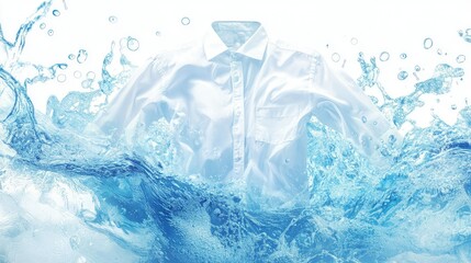 Obraz premium A white shirt in a blue bath of detergent water, with suds and bubbles forming, displayed on a clean white background in 3D
