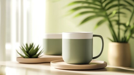 A ceramic mug mockup with a matte finish, placed in a minimalist setting, ideal for showcasing logos or printed designs.