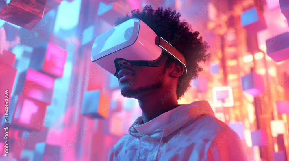 Poster man wearing vr glasses, surrounded by floating 3d icons, exploring a virtual environment