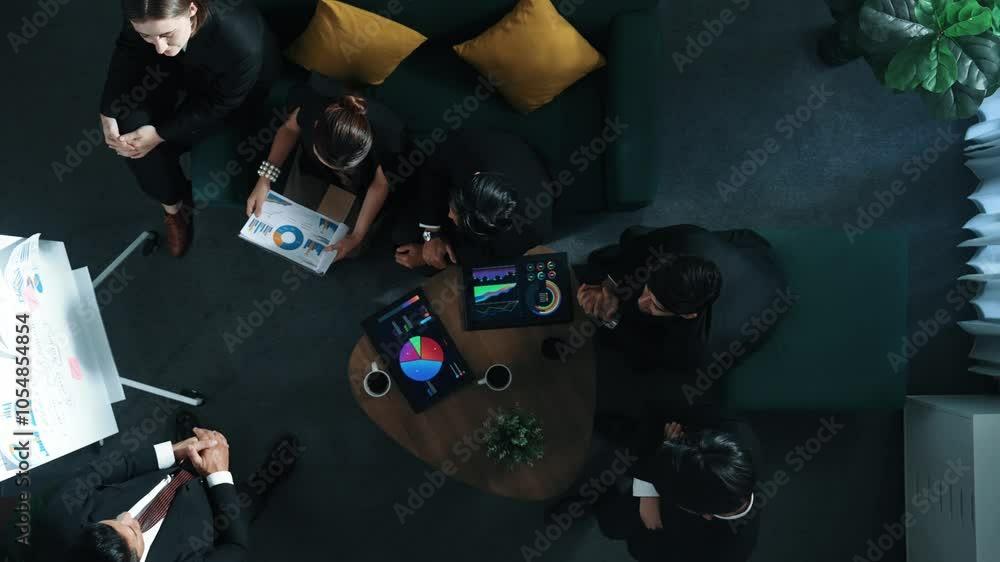 Aufkleber top down view of business team listen investor present idea while standing at whiteboard. diverse gr