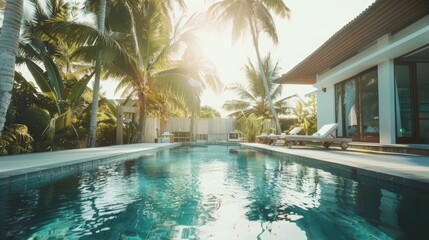Obraz premium Private tropical pool located close to luxury property. Sunny summer holiday among palm trees