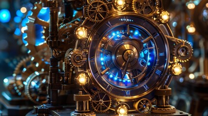 Intricate steampunk clock face glows blue, surrounded by gears and mechanical components, exuding vintage charm with bronze and brass accents