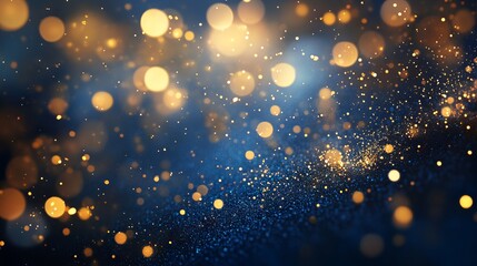 Fototapeta premium Elegant festive abstract background with dark blue and gold particles, christmas golden light bokeh on navy blue, luxurious gold foil texture, sparkling holiday theme, shimmering shine effects, twinkl