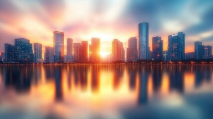 An artistic representation of blurred city buildings with water reflections at sunset, creating a serene and picturesque urban landscape.