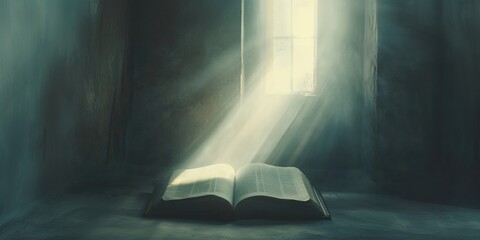 Holy Bible. Open book with rays of light coming out of the window in dark room.