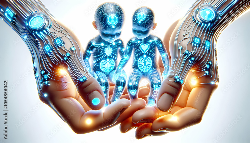 Poster 3d macro image family hands clasped bio chips glowing skin symbolizing unity trust biotechnology int