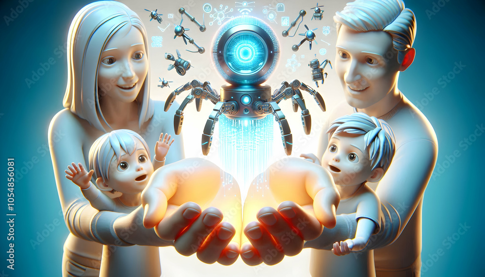 Poster 3d macro image family touching luminescent nano robot hovering above palms close up capturing awe cu