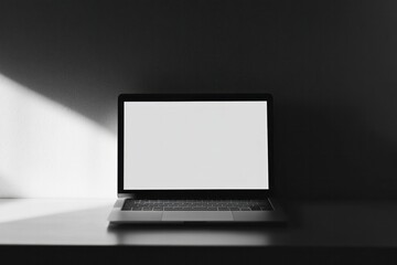 Fototapeta premium A minimalist laptop mockup featuring a blank white screen, placed on a clean desk with subtle shadows to focus on the screen content.