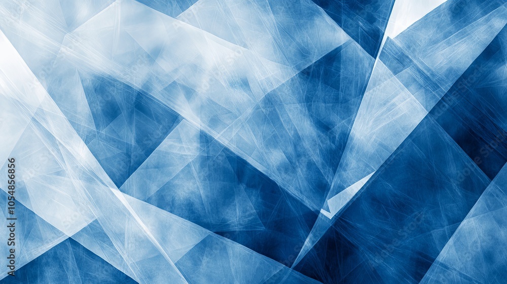 Poster modern abstract blue background design featuring layered textured white transparent triangles, diamo