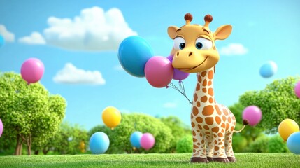 Fototapeta premium Cheerful Giraffe with Balloons in Bright Park Scene