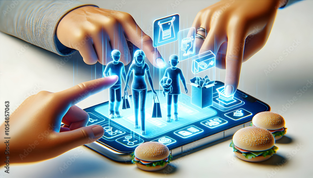 Poster 3d macro shot family tapping futuristic holographic display ordering food delivery close-up image to
