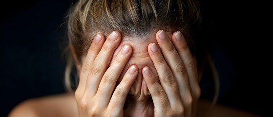Fototapeta premium Closeup of a young female with her hands on her head expressing intense emotional distress and pain from a migraine or severe tension headache The moody