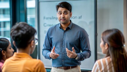 An Indian financial educator conducting a workshop for young adults on budgeting and saving.
