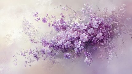 An enchanting composition featuring a gentle arrangement of purple flowers, harmoniously blending with a soft background for a dreamy effect.