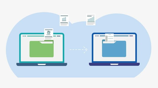 Sending Business Files Between two laptops Animation Design. Digital Documents Transfer and Exchange . Move Folder to Another Computer Concept