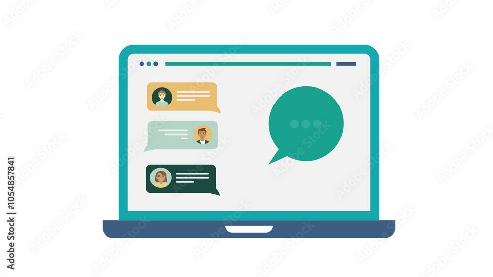 Aufkleber people communication on chat app using laptop. online conversation with profile on bubble speech ani