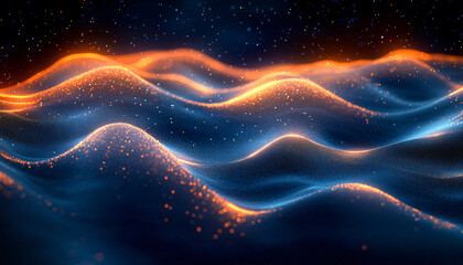 A serene digital landscape of illuminated waves, ideal for tech events, virtual reality themes, and data visualization, creating a tranquil atmosphere for presentations.
